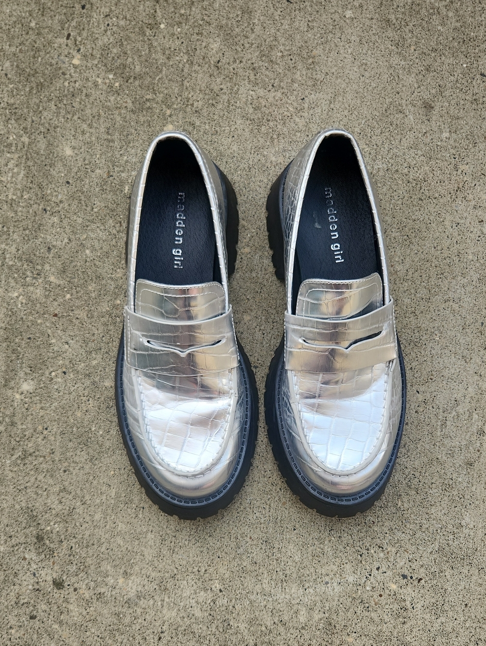 Madden Girl Metallic Silver Croc-Embossed Penny Loafers